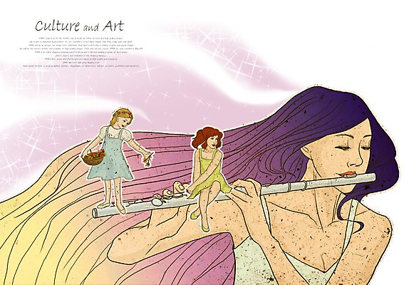 PSD 긴머리 여자 꽃 문화 어린이 예술 악기 연주 일러스트 문화예술 사람 소녀 세명 플루트 즐거움 여자만 어린이만 소녀만 국내일러스트 식물 헤어스타일 감정 음악 관악기 파일형식