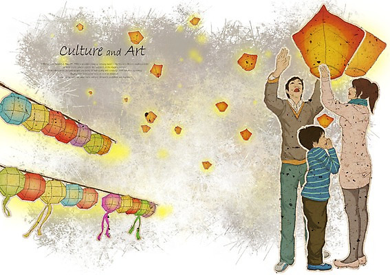 PSD 여자 남자 문화 어린이 예술 일러스트 가족 문화예술 웃음 사람 이벤트 세명 부모 자녀 즐거움 소원 등불축제 풍등 어린이만 국내일러스트 감정 관계 조명 표정 축제 파일형식