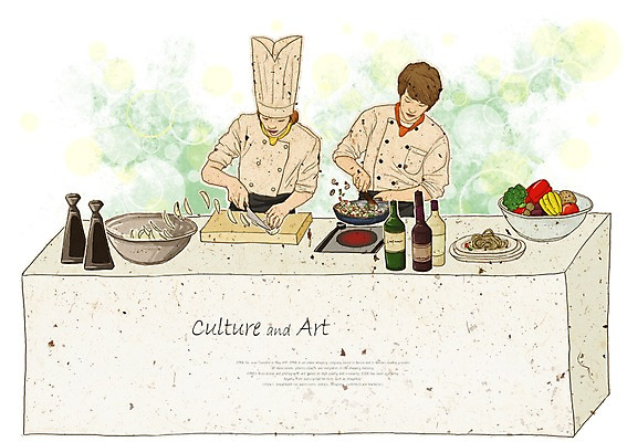 PSD 접시 여자 남자 문화 예술 채소 과일 일러스트 문화예술 도마 스파게티 요리 사람 두명 30대 와인 요리사 즐거움 믹싱볼 장년만 성인만 국내일러스트 직업 그릇 식기 감정 주방용품 주류 파스타 장년 파일형식