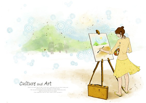 PSD 여자 문화 예술 일러스트 문화예술 한명 사람 20대 30대 붓 팔레트 즐거움 이젤 그림 캔버스 화가 풍경화 화구가방 여자만 여자한명만 성인여자만 성인만 국내일러스트 직업 1 감정 가방 청년 장년 미술도구 파일형식