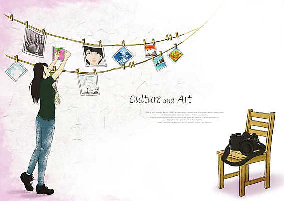 PSD 학생 여자 문화 예술 의자 일러스트 문화예술 한명 사람 카메라 즐거움 빨래집게 기념사진 인화 여자만 여자한명만 국내일러스트 1 감정 가구 집게 전자제품 파일형식