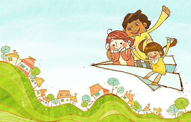 PSD 나무 여자 남자 행복 어린이 일러스트 가족 하늘 주택 함께함 사랑 미소 웃음 사람 소녀 세명 부모 마을 자녀 비행 종이비행기 즐거움 다문화 다문화사회 다문화가정 소통 어린이만 국내일러스트 식물 감정 컨셉 관계 표정 건물 사회_공동체 사회이슈 종이접기 파일형식