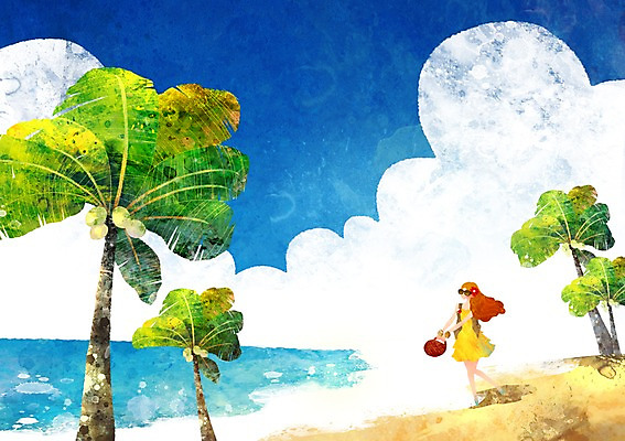 PSD 구름 사계절 계절 여자 여유 모래 백그라운드 일러스트 자연 한명 사람 풍경 해변 여름 선글라스 야자수 산책 시원함 여자만 여자한명만 국내일러스트 자연요소 나무 1 감정 안경 바다 휴식 생태계 파일형식