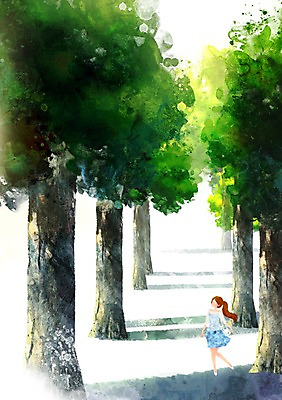 PSD 나무 사계절 계절 여자 여유 백그라운드 일러스트 자연 한명 사람 풍경 여름 산책 그늘 시원함 가로수 여자만 여자한명만 국내일러스트 식물 1 감정 휴식 생태계 파일형식