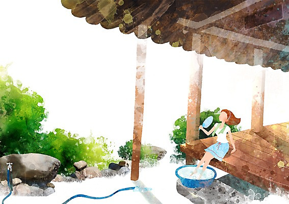 PSD 나무 사계절 계절 여자 여유 백그라운드 일러스트 자연 휴식 한명 사람 풍경 여름 돌_바위 마루 부채 시원함 수도꼭지 정자 대야 수돗가 여자만 여자한명만 국내일러스트 식물 1 건축물 감정 컨셉 바닥 생태계 파일형식