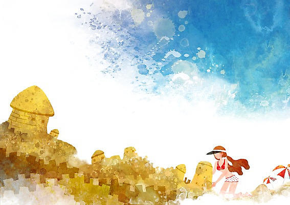 PSD 사계절 계절 여자 여유 백그라운드 일러스트 자연 하늘 한명 사람 풍경 해변 여름 비키니 파라솔 시원함 모래성 썬캡 여자만 여자한명만 국내일러스트 모자_잡화 1 수영복 감정 모래 바다 생태계 파일형식