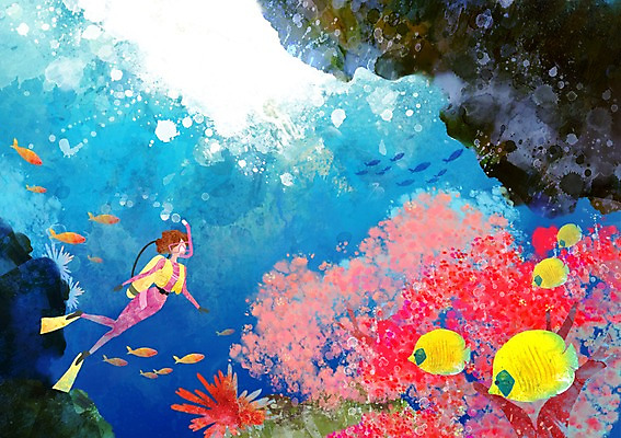 PSD 사계절 계절 여자 여유 바다 백그라운드 일러스트 자연 어류 한명 사람 풍경 여름 돌_바위 바위 산호 시원함 잠수 스쿠버다이빙 여자만 여자한명만 국내일러스트 1 감정 수중동물 수상스포츠 자포동물 생태계 파일형식