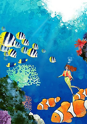 PSD 사계절 계절 여자 여유 바다 백그라운드 일러스트 자연 어류 한명 사람 풍경 여름 돌_바위 바위 산호 시원함 잠수 스쿠버다이빙 여자만 여자한명만 국내일러스트 1 감정 수중동물 수상스포츠 자포동물 생태계 파일형식