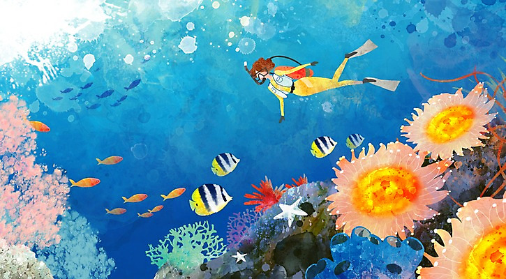 PSD 사계절 계절 여자 여유 바다 백그라운드 일러스트 자연 불가사리 어류 한명 사람 풍경 여름 바닷속 돌_바위 바위 산호 시원함 잠수 스쿠버다이빙 여자만 여자한명만 국내일러스트 1 감정 극피동물 수중 수중동물 수상스포츠 자포동물 생태계 파일형식