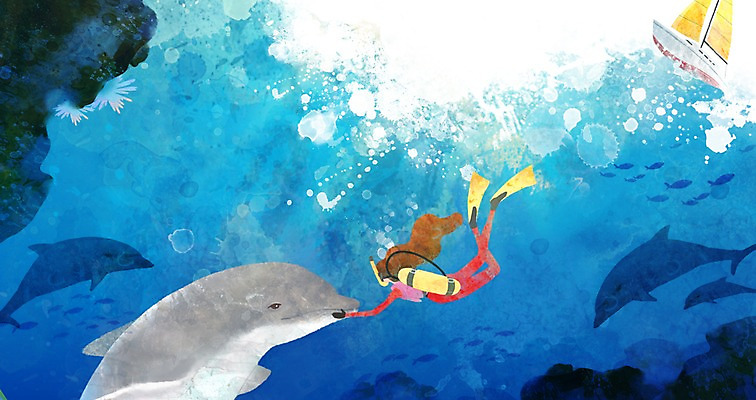 PSD 동물 사계절 계절 여자 여유 바다 백그라운드 일러스트 자연 한명 사람 풍경 여름 해저 돌_바위 바위 인사 시원함 잠수 돌고래 스쿠버다이빙 선박 여자만 여자한명만 국내일러스트 1 감정 수상교통 포유류 바닷속 수중동물 수상스포츠 예절 생태계 파일형식