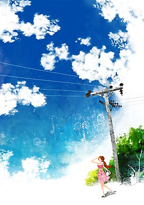 PSD 구름 사계절 계절 여자 길 여유 백그라운드 일러스트 자연 하늘 한명 사람 풍경 여름 시원함 전봇대 여자만 여자한명만 국내일러스트 자연요소 1 공공시설 감정 생태계 파일형식