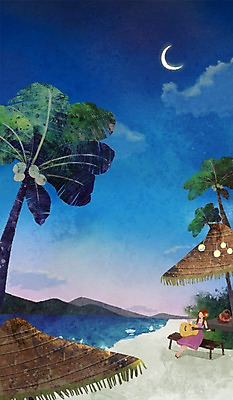 PSD 사계절 계절 여자 여유 악기 백그라운드 연주 일러스트 자연 밤하늘 하늘 한명 사람 풍경 해변 여름 야자수 달 기타 파라솔 시원함 여자만 여자한명만 국내일러스트 자연요소 나무 1 감정 음악 바다 현악기 야간 생태계 파일형식