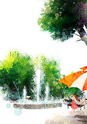 PSD 나무 사계절 계절 여자 여유 백그라운드 일러스트 자연 한명 사람 풍경 여름 파라솔 시원함 분수 분수_분수대 여자만 여자한명만 국내일러스트 식물 1 감정 생태계 분수대 파일형식