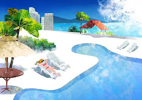 PSD 사계절 계절 여자 여유 바다 백그라운드 일러스트 자연 호텔 수영장 한명 사람 풍경 해변 건물 여름 야자수 햇빛 파라솔 시원함 선베드 여자만 여자한명만 국내일러스트 나무 1 건축물 감정 의자 숙소 태양 생태계 파일형식