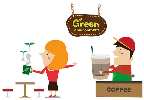 EPS 여자 남자 커피 캠페인 일러스트 사람 두명 초록색 새싹 자연보호 환경 그린캠페인 카페 머그컵 절약 그린에너지 보호 종이컵 일회용 사회이슈 환경보전 국내일러스트 식물 음료 컬러 컨셉 자연 컵 상점 에너지 파일형식 벡터