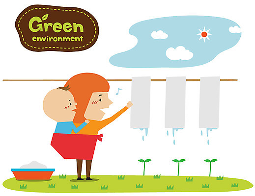 EPS 여자 캠페인 일러스트 사람 두명 초록색 자연보호 환경 그린캠페인 아기 절약 그린에너지 보호 빨래 빨랫줄 사회이슈 환경보전 기저귀 빨래널기 여자만 아기만 여자아기만 국내일러스트 줄 컬러 컨셉 가사 자연 아기용품 에너지 파일형식 벡터