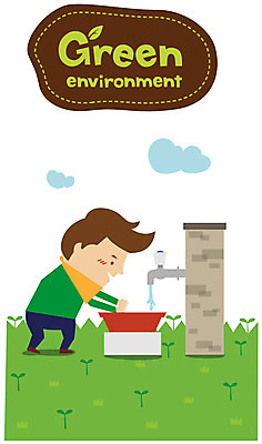 EPS 남자 캠페인 일러스트 한명 사람 초록색 물 새싹 자연보호 환경 그린캠페인 절약 그린에너지 세수 보호 사회이슈 환경보전 수도꼭지 수도 대야 세숫대야 수돗가 수도_상하수도 남자만 남자한명만 국내일러스트 자연요소 식물 1 컬러 컨셉 자연 청결 에너지 상하수도 파일형식 벡터