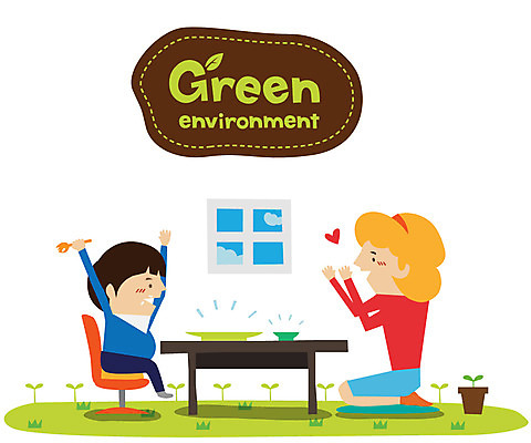EPS 접시 여자 아들 어린이 캠페인 일러스트 창문 식탁 엄마 사람 소년 두명 초록색 새싹 자연보호 환경 그린캠페인 식사 절약 그린에너지 보호 사회이슈 환경보전 국내일러스트 모자관계 식물 식기 남자 컬러 컨셉 가족 자연 탁자 에너지 파일형식 벡터