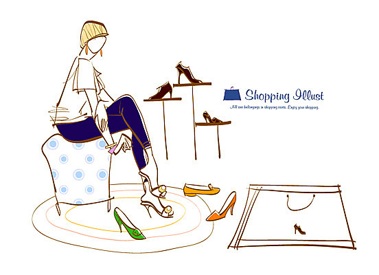 EPS 라이프스타일 여자 구두 신발 일러스트 한명 사람 라이프 쇼핑 쇼핑백 하이힐 신발가게 여자만 여자한명만 국내일러스트 1 가방 생활 상점 여성화 파일형식 벡터