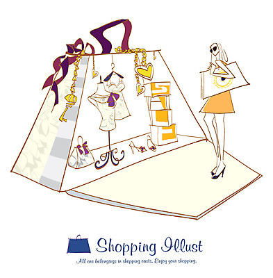 EPS 라이프스타일 원피스 여자 신발 일러스트 장신구 한명 사람 라이프 쇼핑 쇼핑백 옷걸이 마네킹 여자만 여자한명만 국내일러스트 1 옷 가방 생활 파일형식 벡터