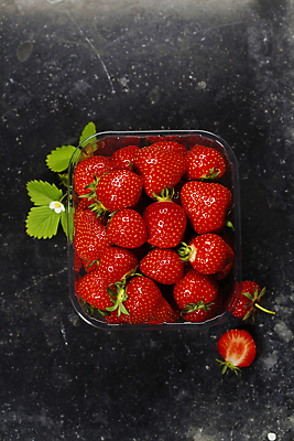 포토 JPG 해외이미지 꽃 딸기 검은배경 실내 사람없음 하이앵글 담기 플라스틱통 딸기잎 해외202004 해외포토 식물 뷰포인트 백그라운드 잎 과일 모션 통 내부 검은색 플라스틱 파일형식