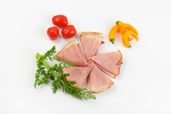 포토 JPG 해외이미지 음식 조각 채소 육류 돼지고기 요리 사람없음 굽기 흰배경 햄 머리위 훈제 얇은 편육 해외202004 해외202105 해외포토 식재료 흰색 구이 파일형식 컬러