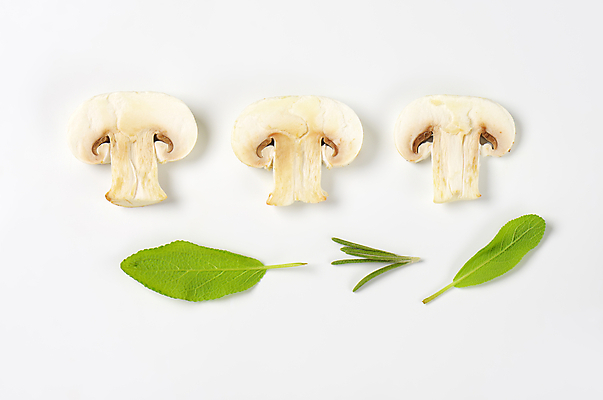 포토 JPG 해외이미지 스튜디오촬영 식재료 단면 실내 사람없음 흰배경 슬라이스 양송이 로즈메리 세이지 해외202004 해외202105 해외포토 백그라운드 내부 버섯 흰색 허브 파일형식