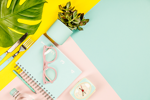 포토 JPG 해외이미지 화분 포크 실내 사람없음 유행 다이어리 자명종 나이프 열대잎 파스텔톤 플래너 해외202004 해외포토 식기 시계 컬러 잎 내부 사무용품 알람 칼 파일형식