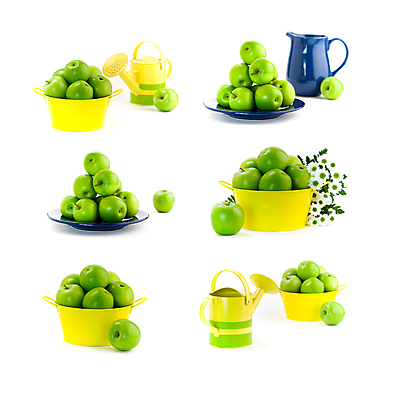 포토 JPG 해외이미지 접시 꽃 실내 사람없음 쌓기 바구니 물뿌리개 신선 사과 흰배경 담기 청사과 해외202004 해외포토 식물 식기 백그라운드 과일 모션 내부 흰색 파일형식