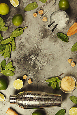 포토 JPG 해외이미지 회색배경 실내 사람없음 하이앵글 얼음 칵테일 민트 라임 모히토 쉐이커 황설탕 셰이커 해외202004 해외포토 자연요소 뷰포인트 백그라운드 과일 주류 내부 회색 설탕 허브 파일형식