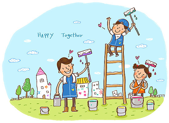 EPS 여자 남자 행복 어린이 일러스트 사다리 주택 함께함 희망프로젝트 미소 웃음 사람 소녀 소년 건물 10대 세명 30대 마을 봉사 도움 페인트칠 자원봉사자 사회이슈 사회복지 더불어사는사회 사회봉사 국내일러스트 건축물 감정 컨셉 청소년 페인팅 표정 장년 도구 복지 파일형식 벡터