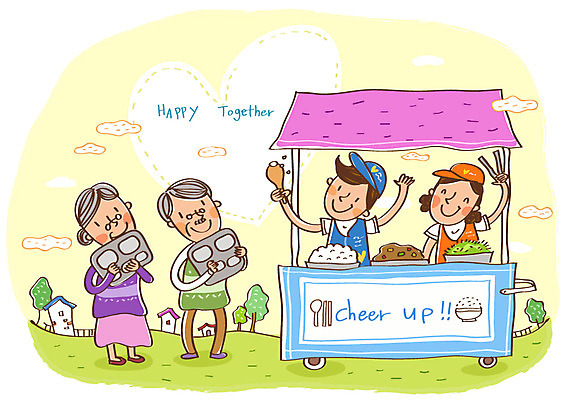 EPS 여자 할아버지 노년 남자 행복 할머니 일러스트 함께함 희망프로젝트 미소 웃음 사람 여러명 30대 식사 봉사 도움 자원봉사자 사회이슈 사회복지 더불어사는사회 사회봉사 식판 80대 급식 무료급식 성인만 국내일러스트 감정 다수 컨셉 표정 성인 장년 복지 파일형식 벡터