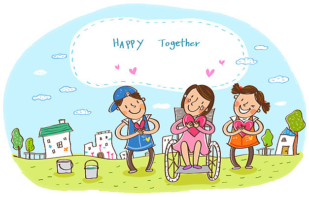 EPS 여자 남자 행복 일러스트 함께함 희망프로젝트 사랑 미소 웃음 사람 소년 건물 10대 세명 30대 봉사 도움 자원봉사자 장애인 사회이슈 사회복지 휠체어 더불어사는사회 사회봉사 국내일러스트 건축물 감정 어린이 컨셉 청소년 표정 장년 복지 장애 파일형식 벡터