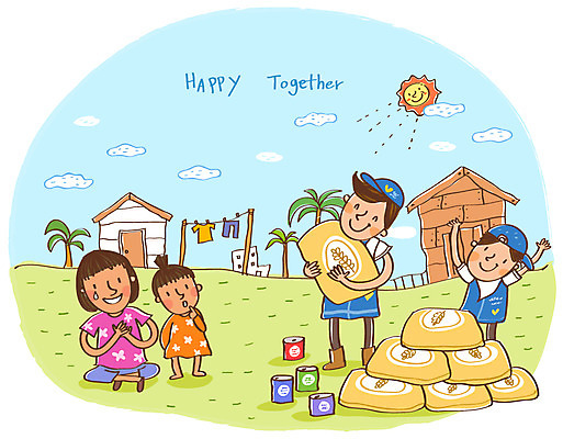 EPS 여자 남자 행복 어린이 음식 일러스트 함께함 희망프로젝트 미소 웃음 사람 소녀 여러명 10대 30대 쌀 봉사 도움 자원봉사자 사회이슈 사회복지 전달 더불어사는사회 사회봉사 통조림 포대 해외봉사 국내일러스트 감정 다수 컨셉 청소년 곡류 표정 장년 복지 파일형식 벡터