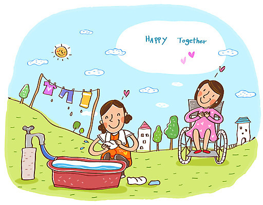 EPS 여자 행복 일러스트 함께함 희망프로젝트 미소 웃음 사람 두명 30대 봉사 도움 자원봉사자 빨래 빨랫줄 장애인 사회이슈 사회복지 휠체어 더불어사는사회 사회봉사 대야 수돗물 수돗가 여자만 성인여자만 장년만 장년여자만 성인만 국내일러스트 감정 줄 컨셉 가사 표정 물 장년 복지 장애 파일형식 벡터