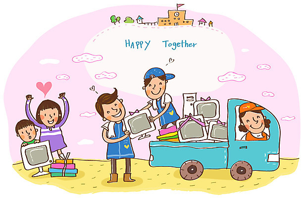 EPS 여자 남자 행복 일러스트 학교 자동차 함께함 희망프로젝트 미소 웃음 사람 여러명 책 컴퓨터 트럭 하트 봉사 도움 운반 자원봉사자 사회이슈 사회복지 전달 더불어사는사회 사회봉사 국내일러스트 모양 교육 감정 육상교통 다수 컨셉 표정 전자제품 복지 파일형식 벡터