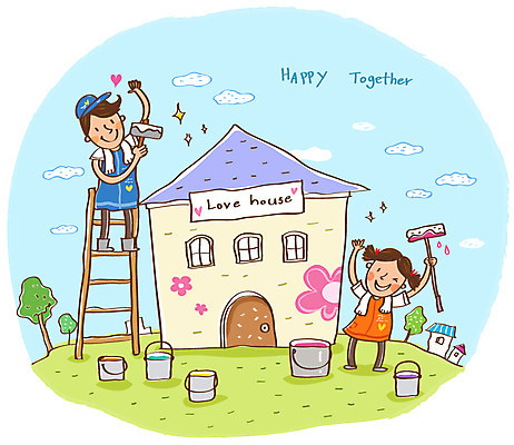 EPS 여자 남자 행복 일러스트 사다리 페인팅 주택 함께함 희망프로젝트 미소 웃음 사람 두명 건물 10대 30대 페인트 봉사 도움 자원봉사자 망치 사회이슈 사회복지 더불어사는사회 사회봉사 집짓기 국내일러스트 건축물 감정 컨셉 모션 청소년 표정 장년 도구 공구 복지 파일형식 벡터