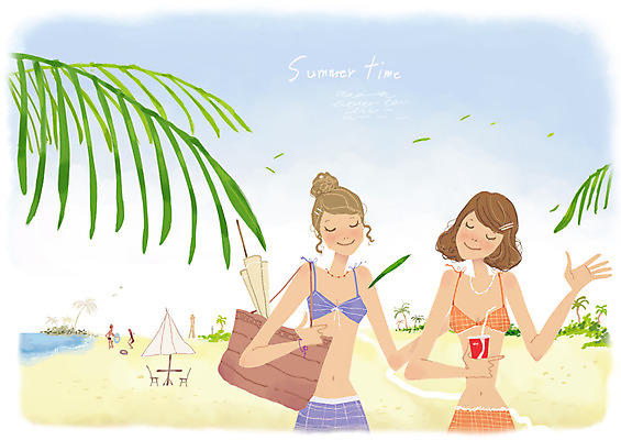 PSD 여자 수영복 가방 일러스트 휴식 나뭇잎 미소 웃음 사람 해변 두명 여름 친구 여름휴가 바캉스 모래사장 야자수 여자만 국내일러스트 나무 잡화 옷 계절 바다 컨셉 잎 관계 휴가 표정 파일형식 여름_계절
