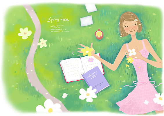 PSD 여자 꽃잎 꽃 여유 일러스트 휴식 한명 미소 웃음 사람 잔디 취미 독서 봄 차 낮잠 여자만 여자한명만 국내일러스트 식물 1 계절 감정 음료 컨셉 표정 잠 파일형식