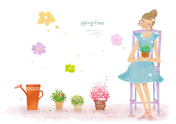 PSD 여자 꽃 화분 의자 일러스트 한명 미소 웃음 사람 봄 물뿌리개 여자만 여자한명만 국내일러스트 식물 1 계절 가구 표정 파일형식