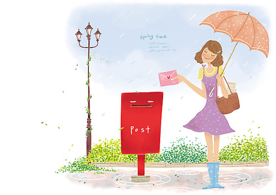 PSD 여자 가로등 일러스트 우산 한명 미소 웃음 사람 봄 우체통 비 러브레터 편지 여자만 여자한명만 국내일러스트 자연요소 1 계절 공공시설 날씨 표정 파일형식