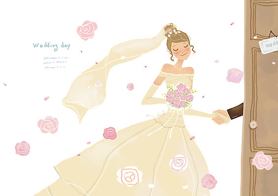 PSD 여자 신부 부케 웨딩드레스 결혼 일러스트 결혼식 한명 미소 웃음 사람 여자만 여자한명만 국내일러스트 1 드레스 꽃다발 표정 이벤트 파일형식