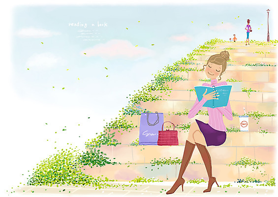 PSD 여자 여유 가방 일러스트 휴식 한명 미소 웃음 사람 취미 책 독서 계단 봄 여자만 여자한명만 국내일러스트 1 잡화 계절 감정 컨셉 표정 파일형식