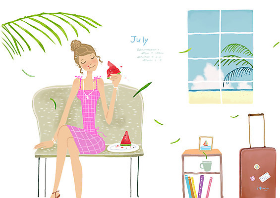 PSD 여자 여행 과일 일러스트 창문 휴식 디저트 여름음식 수박 한명 미소 웃음 사람 여름 소파 캐리어 여행가방 휴양지 여자만 여자한명만 제철음식 제철과일 국내일러스트 1 계절 음식 컨셉 의자 가방 표정 장소 제철 파일형식 여름_계절