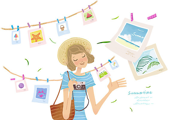 PSD 모자 여자 가방 일러스트 휴가 한명 사람 여름 카메라 사진촬영 촬영 빨랫줄 빨래집게 기념사진 여자만 여자한명만 국내일러스트 1 잡화 계절 줄 집게 전자제품 파일형식