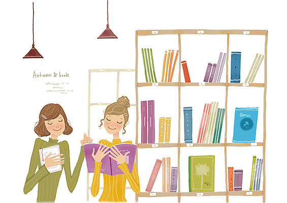 PSD 여자 일러스트 전등 책장 미소 웃음 사람 두명 책 친구 독서 가을 여자만 국내일러스트 계절 가구 관계 조명 표정 파일형식