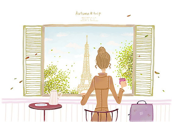 PSD 여자 커피 여행 잎 의자 일러스트 창문 탁자 티타임 휴식 나뭇잎 한명 사람 취미 탑 여행가방 가을 차 창가 여자만 여자한명만 국내일러스트 식물 1 건축물 계절 음료 가구 컨셉 가방 파일형식
