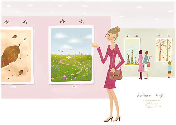 PSD 계절 여자 액자 일러스트 한명 미소 웃음 사람 취미 가을 미술관 그림 관람 문화생활 여자만 여자한명만 국내일러스트 1 라이프스타일 표정 파일형식