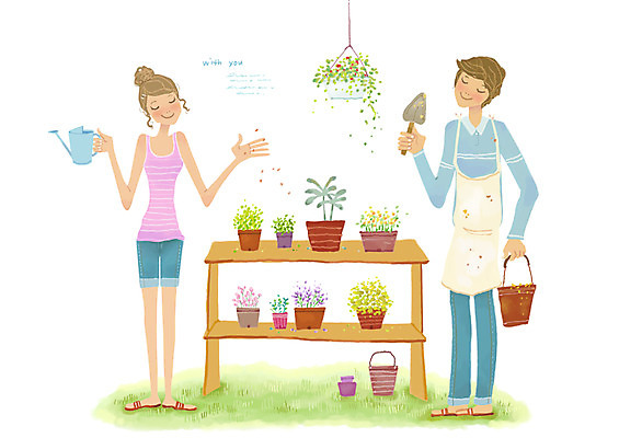 PSD 커플 여자 남자 화분 일러스트 미소 웃음 사람 두명 봄 물뿌리개 모종삽 꽃심기 국내일러스트 계절 관계 표정 삽 심기 파일형식