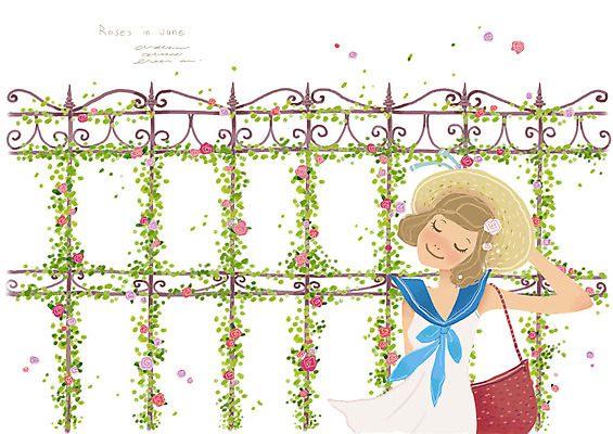 PSD 모자 여자 꽃 일러스트 바람 한명 미소 웃음 사람 여름 울타리 장미 산책 여자만 여자한명만 국내일러스트 자연요소 식물 1 잡화 계절 날씨 휴식 표정 담장 파일형식